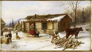 Cornelius Krieghoff Chopping Logs Outside a Snow Covered Log Cabin France oil painting artist